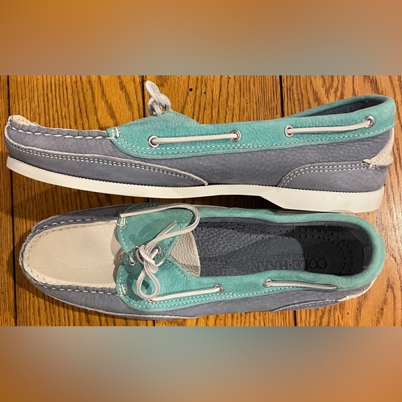 Cole Haan men’s leather boat shoes size 10.5 slate blue/green/white